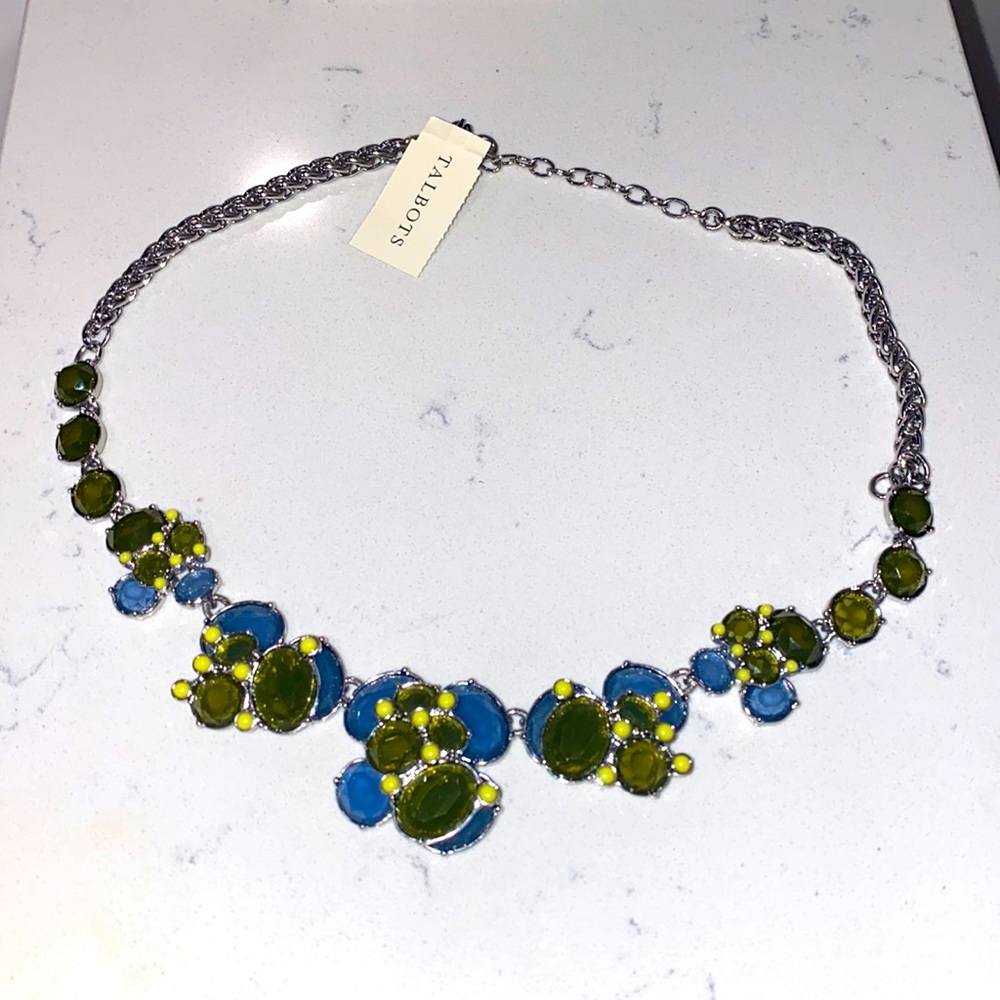 Talbots silver, blue & green crystal statement necklace. NWT